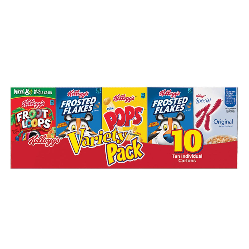 Kellogg's variety pack front view showing multiple cereal boxes for quick breakfast options