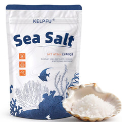 KELPFU Australian coarse sea salt bag on kitchen counter for grinder refills, delivering fresh, crunchy crystals.