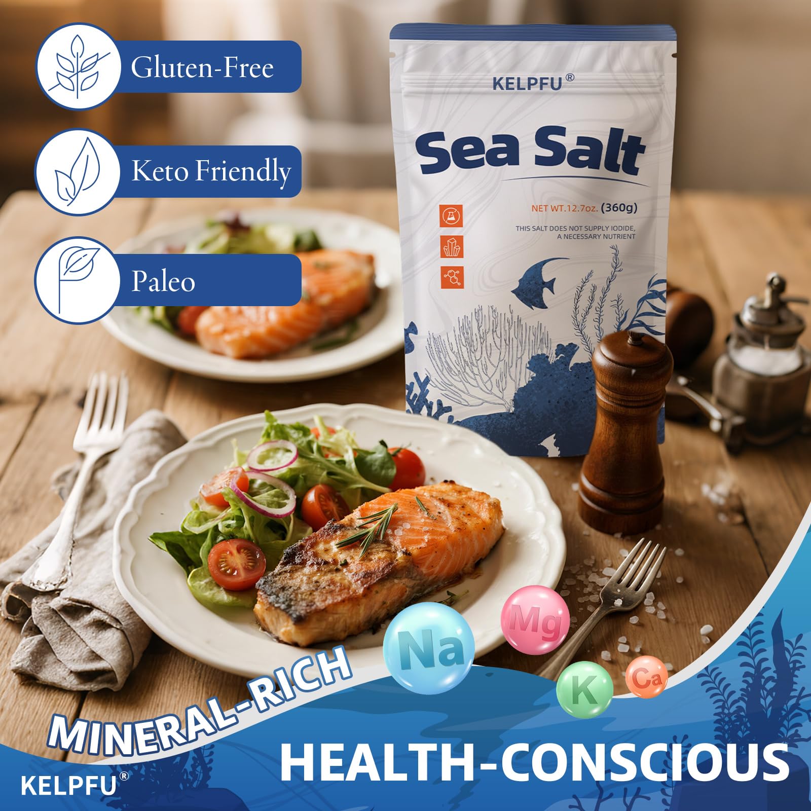 KELPFU Australian sea salt in grinder refill setup ensuring consistent grind.
