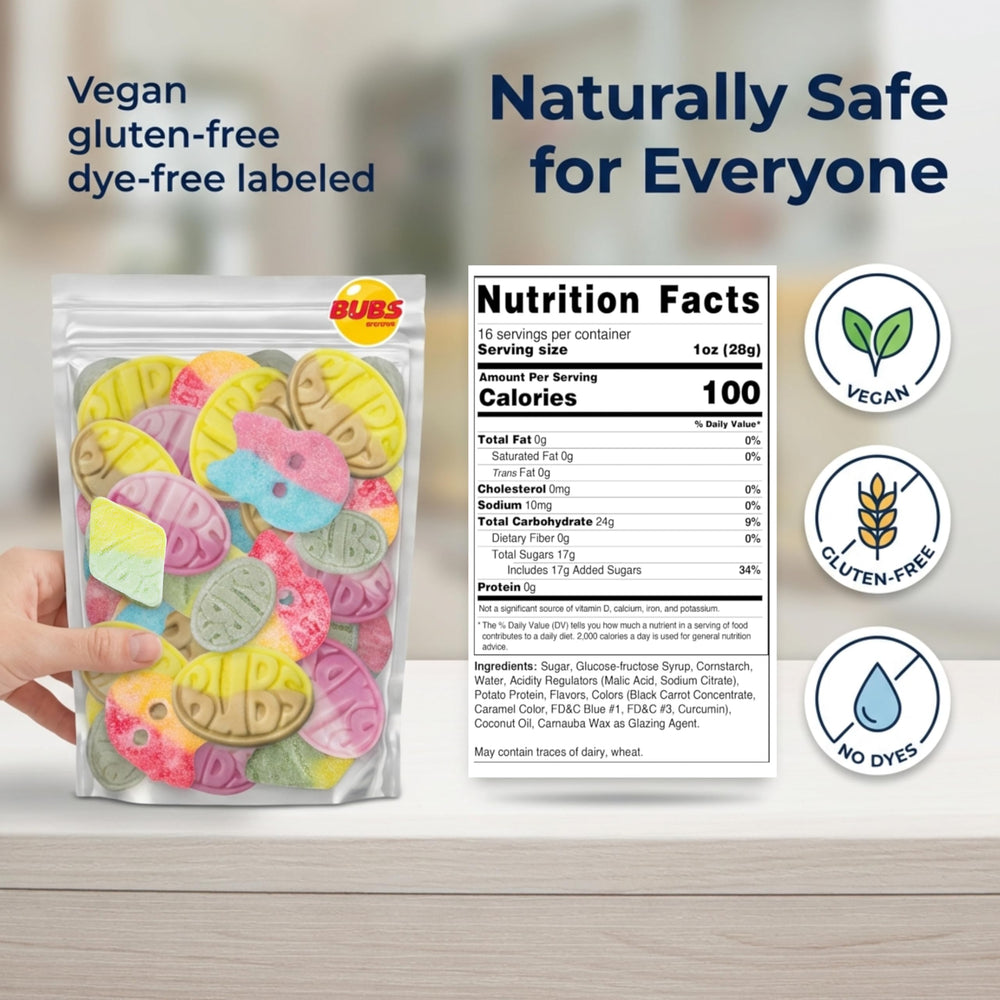 Kenai Kitchen BUBS Swedish Candy Mix resealable pouch keeps candy fresh for on-the-go snacking.