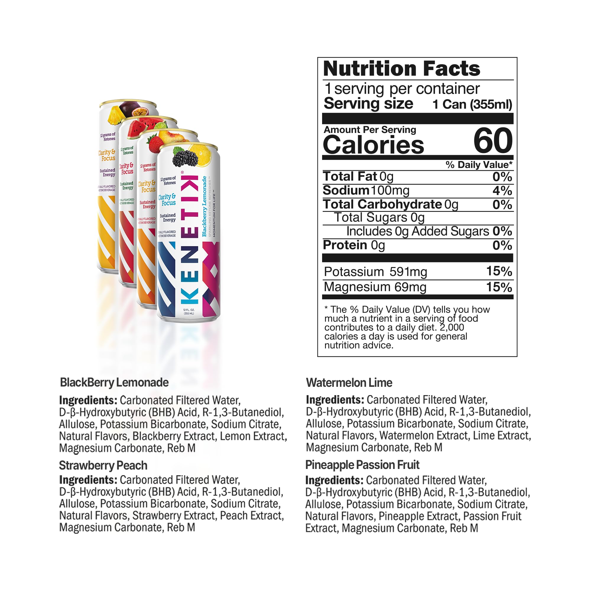 Kenetik caffeine-free focus drink can side nutrition label, highlighting sugar-free and stimulant-free ingredients.
