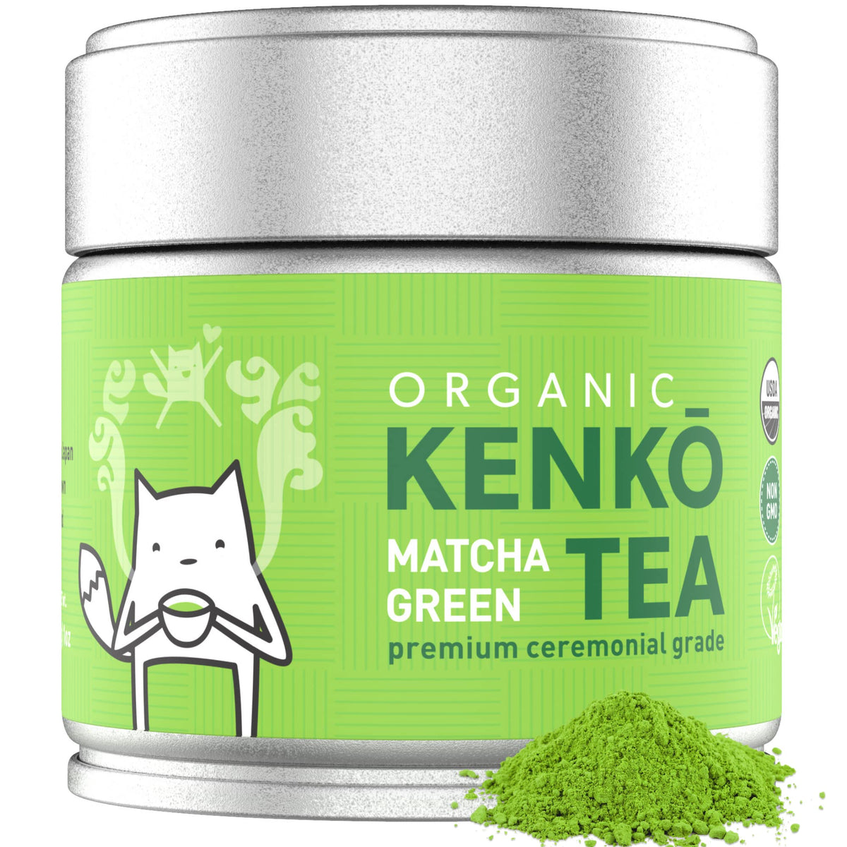 Kenko Tea Matcha Green Powder in a jar, ideal for ceremonial whisking.
