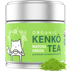 Kenko Tea Matcha Green Powder in a jar, ideal for ceremonial whisking.
