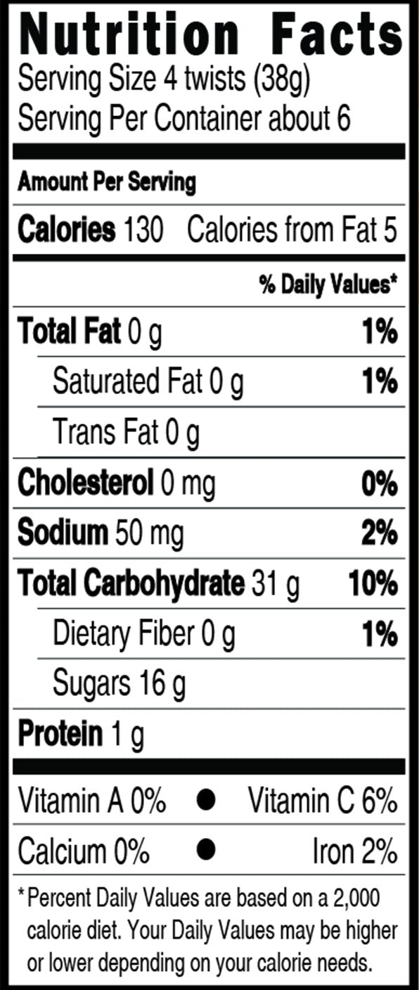 Kenny's Green Apple Licorice Twists bag side highlights Real Fruit Juice flavor notes for shoppers