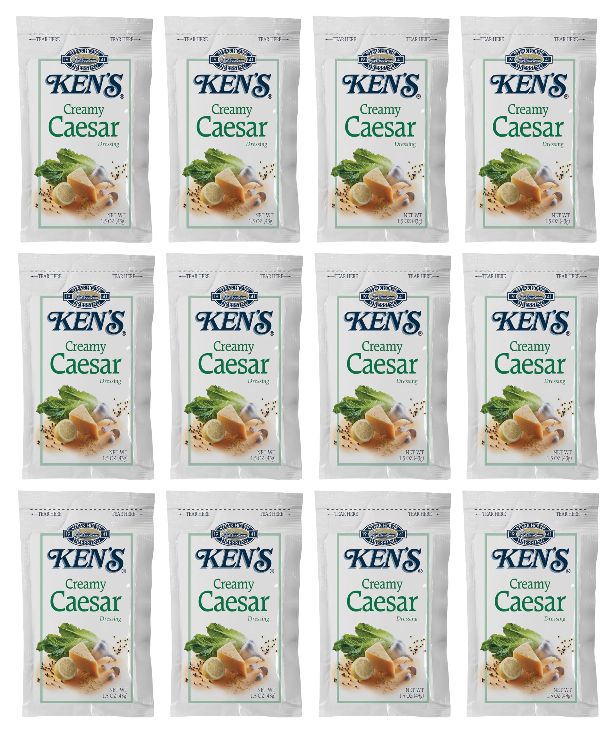 Ken's Creamy Caesar Dressing pouch label highlights gluten-free, US-made quality.