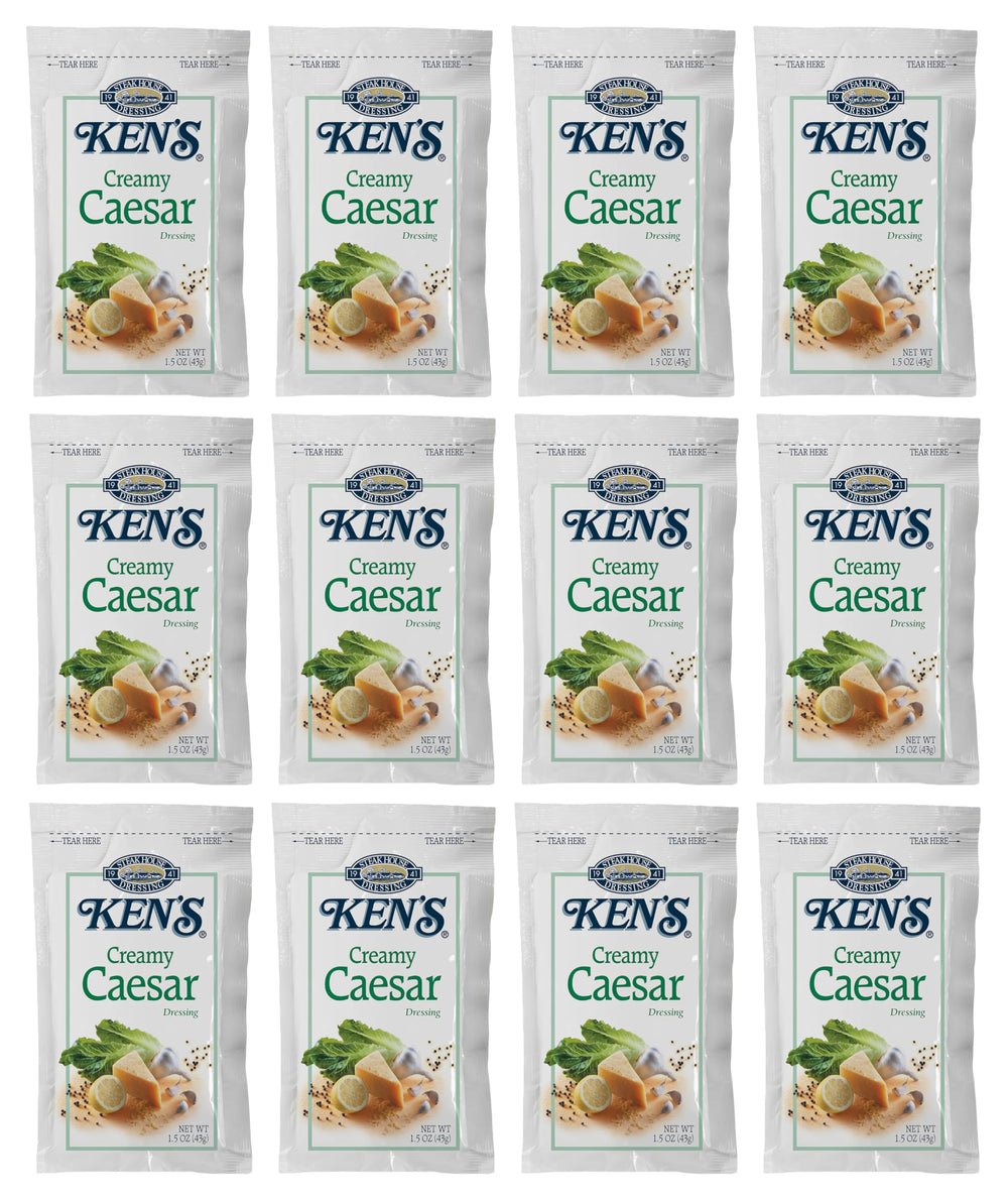 Ken's Creamy Caesar Dressing pouch label highlights gluten-free, US-made quality.