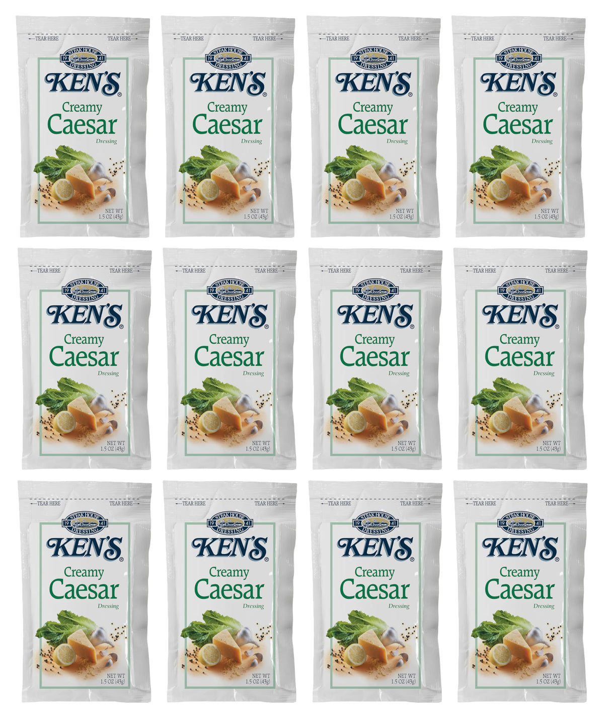 Ken's Creamy Caesar Dressing pouch label highlights gluten-free, US-made quality.