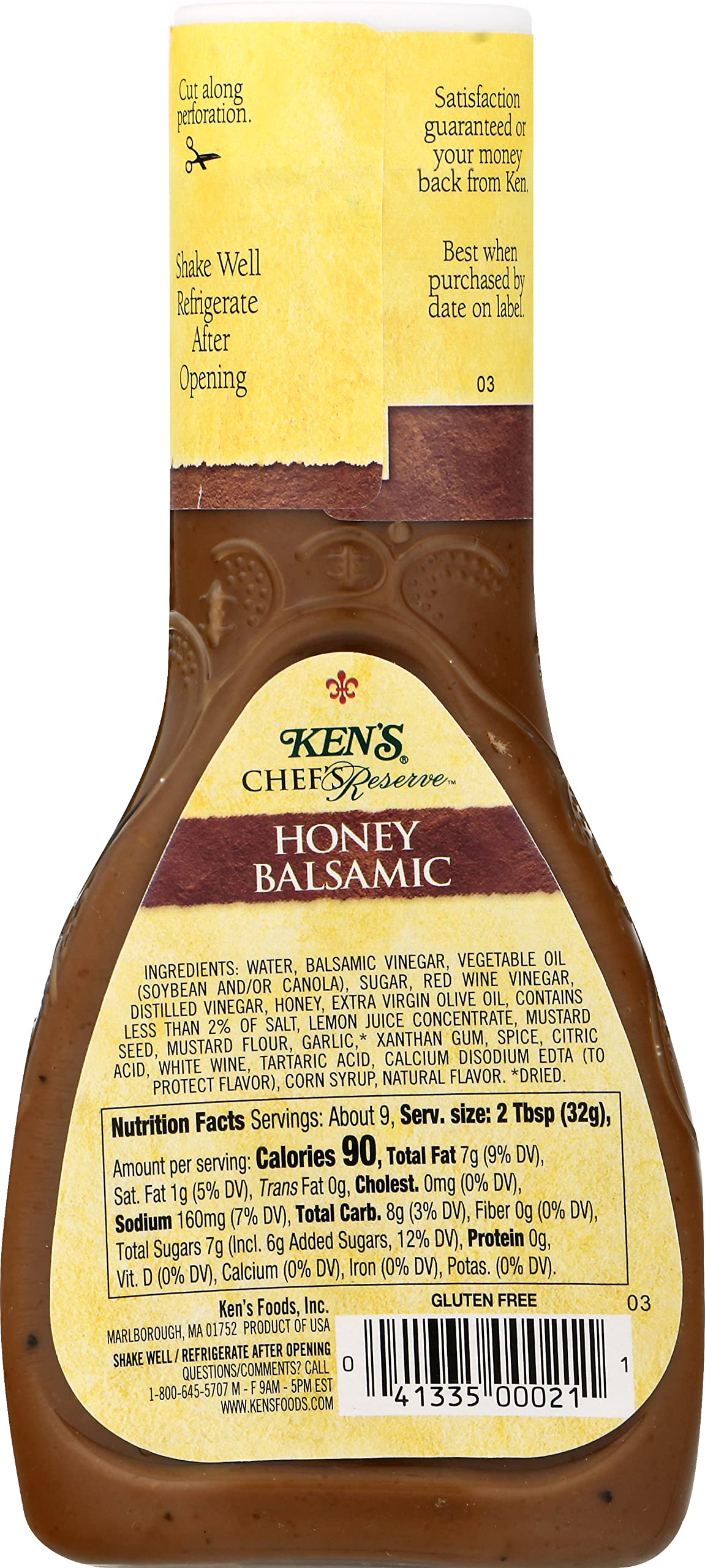Ken's Steak House Honey Balsamic Dressing label close-up highlighting gluten-free versatility for meals.