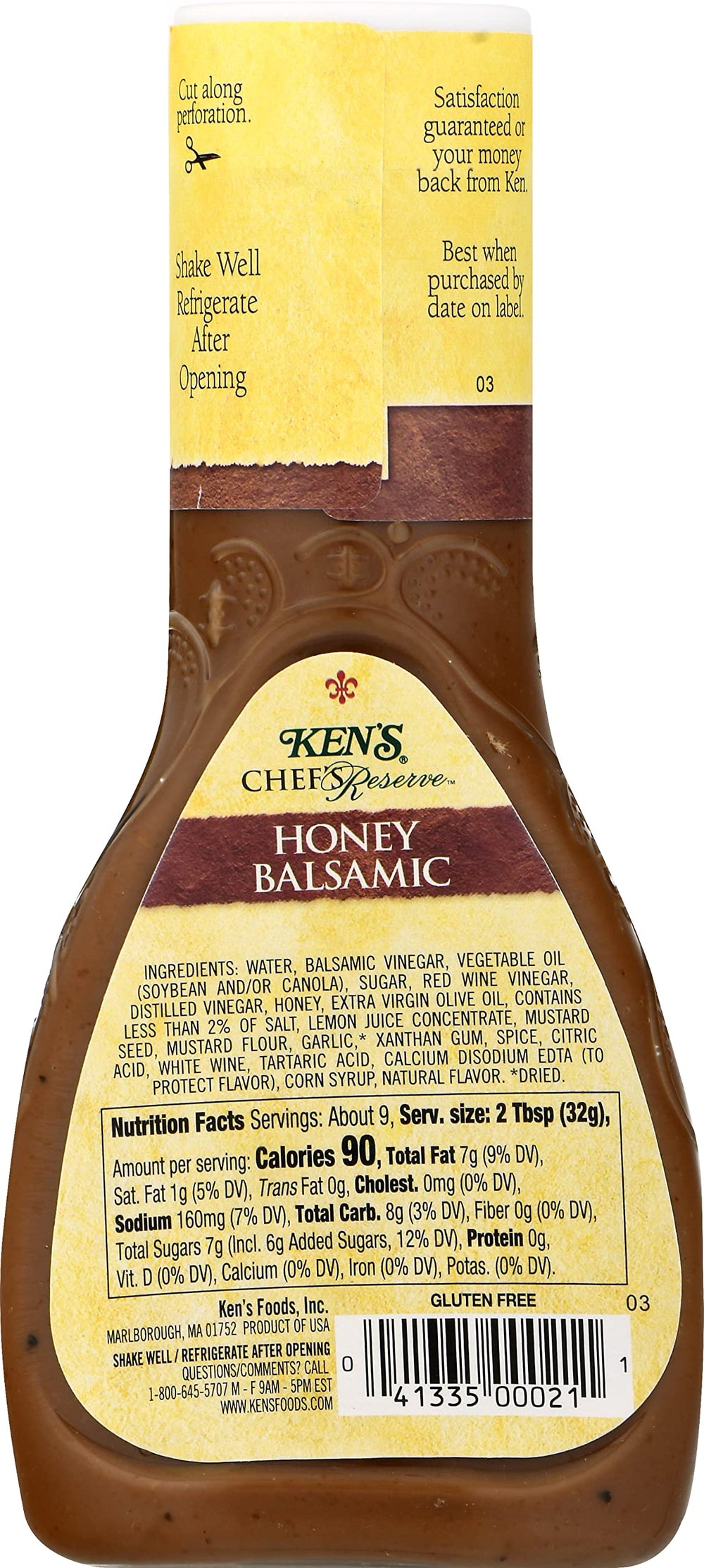 Ken's Steak House Honey Balsamic Dressing label close-up highlighting gluten-free versatility for meals.