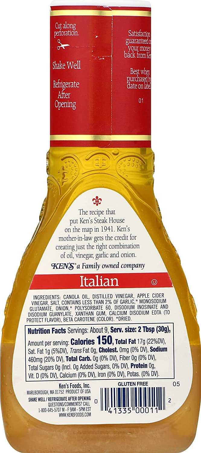 Ken's Steak House Italian Dressing close-up label reveals gluten-free, kosher quality