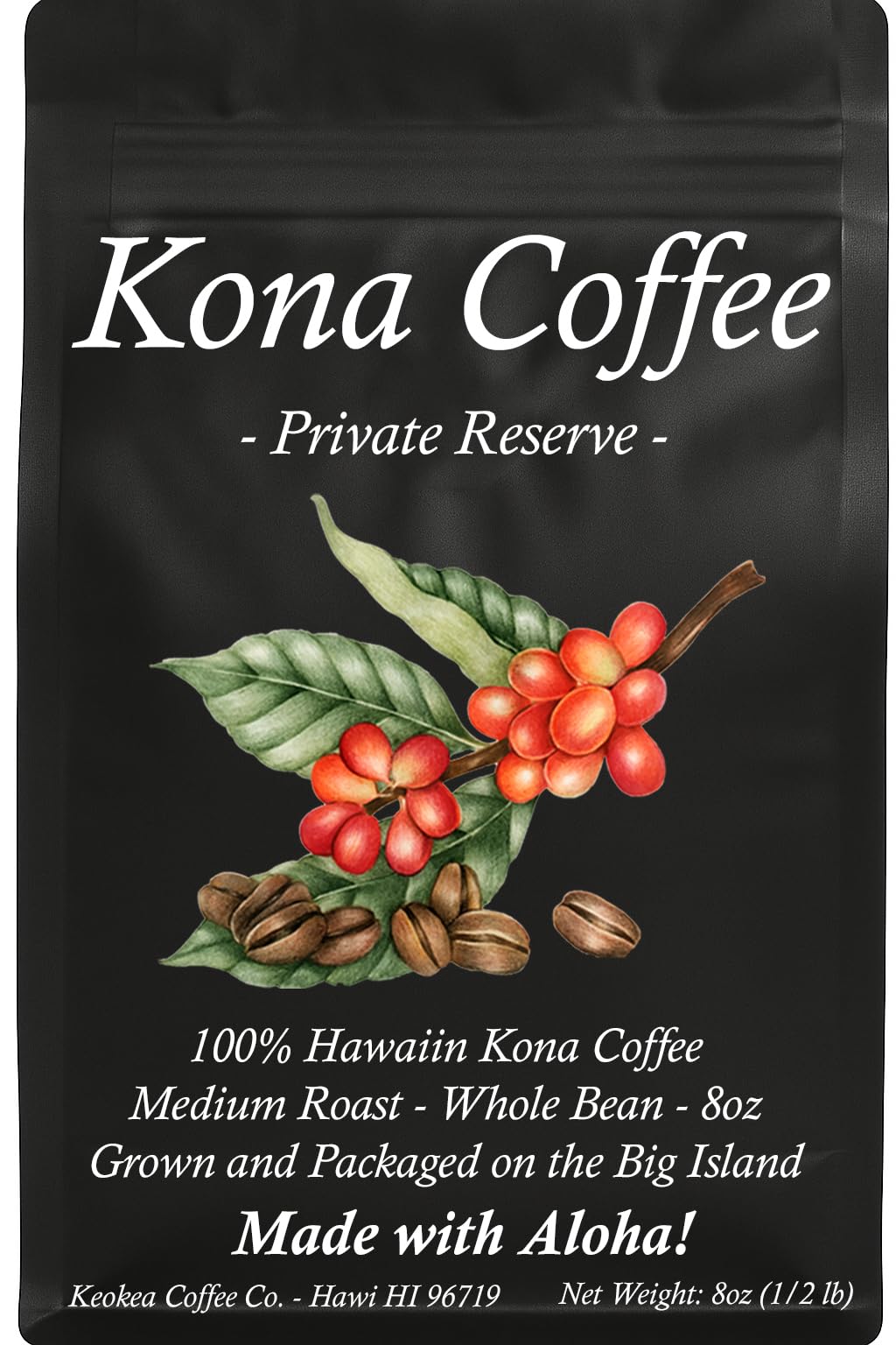 Keokea Coffee Co 100% Kona whole bean bag for home brewing