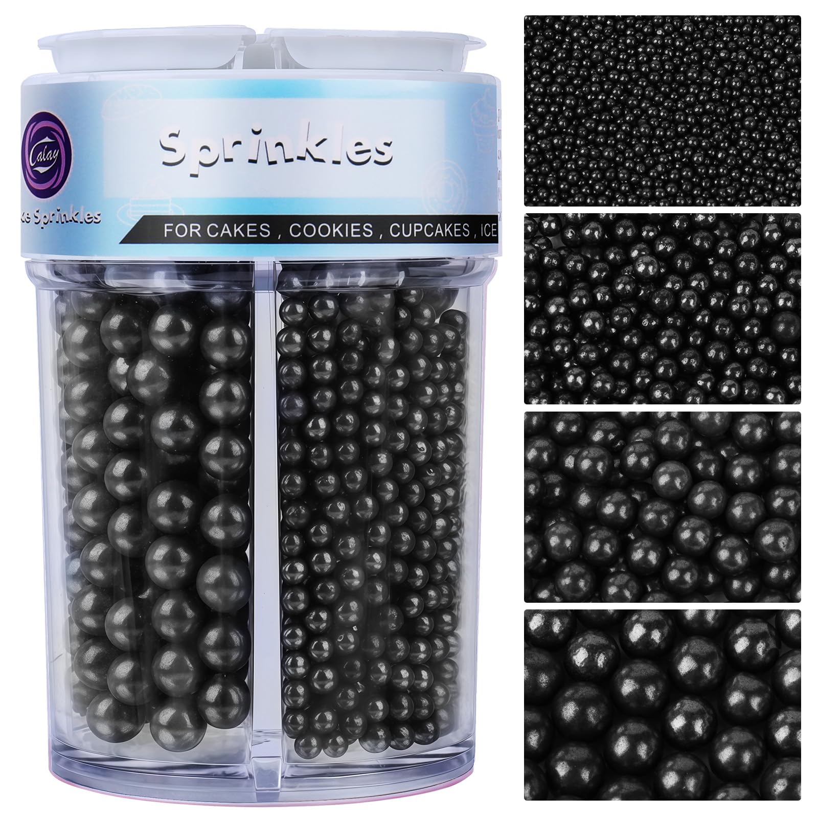 Kercky Black Pearl sprinkles bottle close-up for dramatic cake decoration
