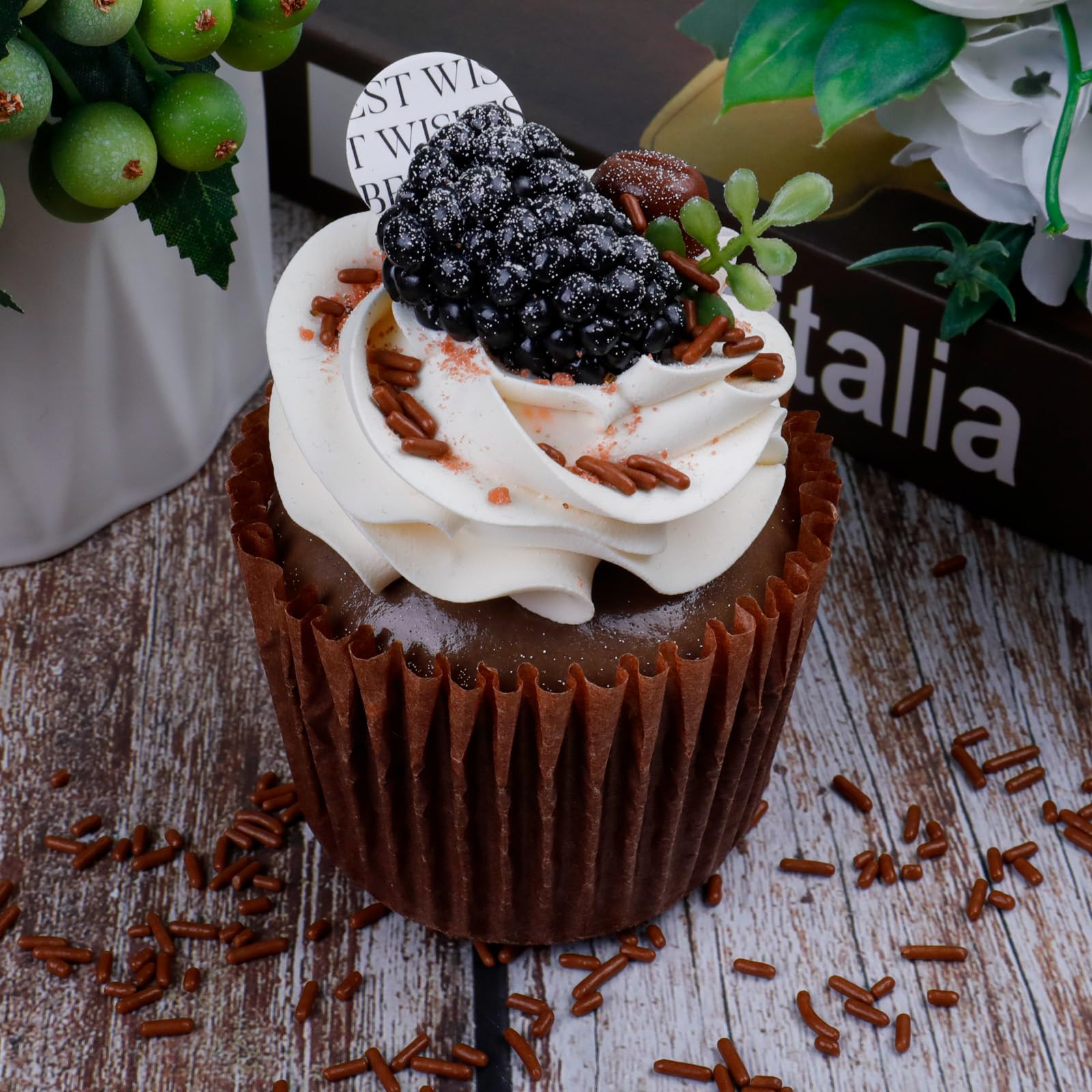 Kercky chocolate discs provide bold accents on cakes and dessert plates.