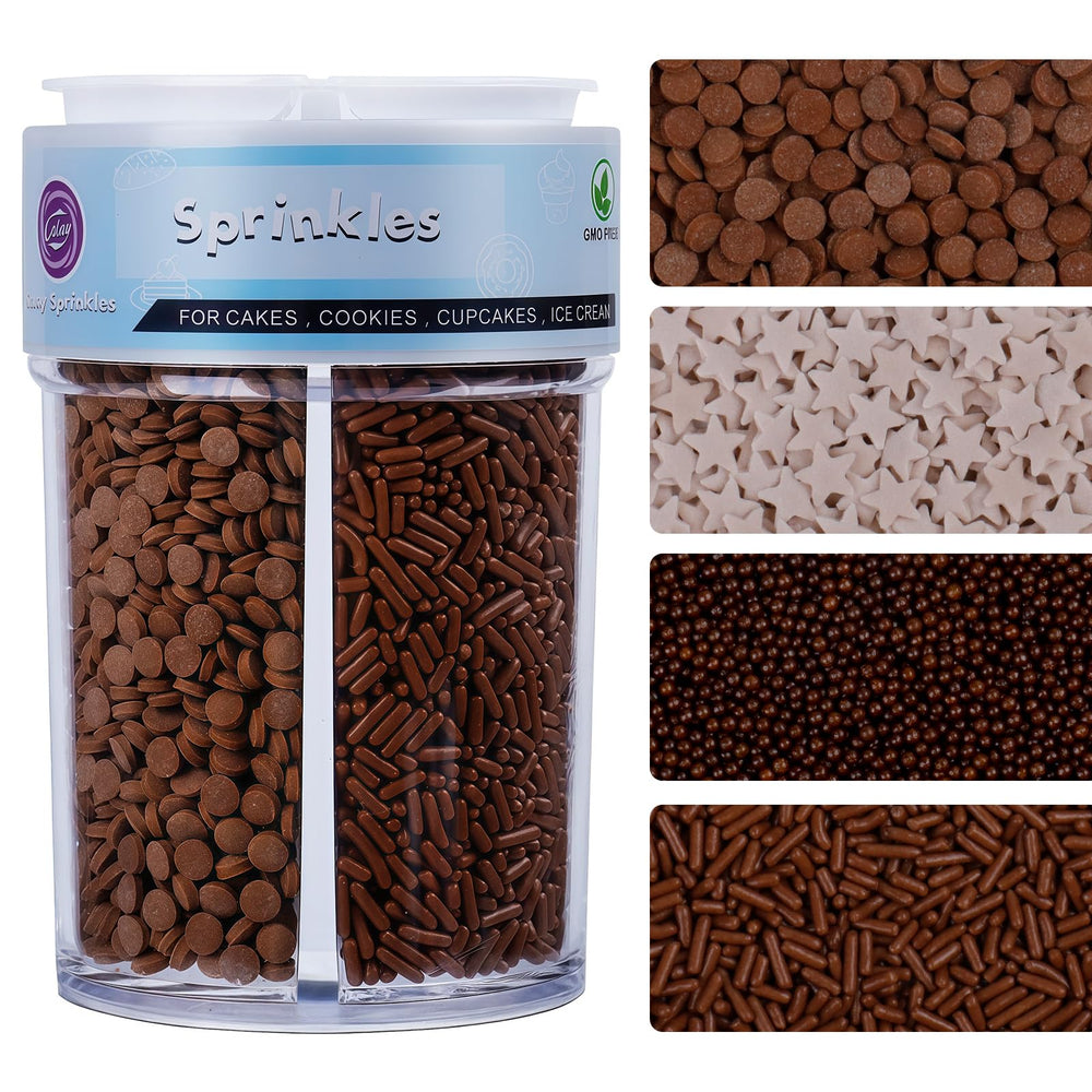 Kercky chocolate sprinkles 4-compartment bottle keeps toppings organized for easy decorating.
