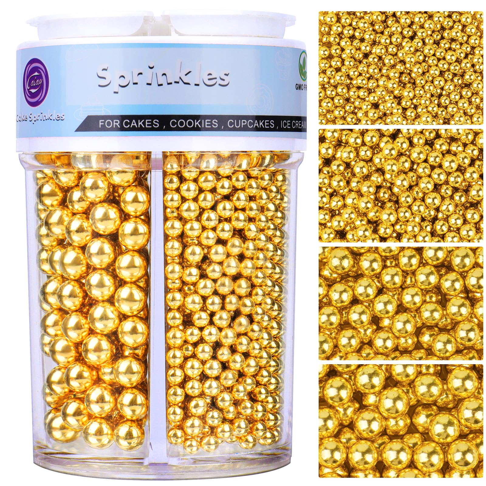 Kercky Deluxe Gold Pearl Sprinkles, four sizes in one jar, ideal for elegant cake decoration.