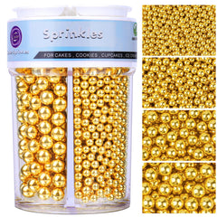 Kercky Deluxe Gold Pearl Sprinkles, four sizes in one jar, ideal for elegant cake decoration.
