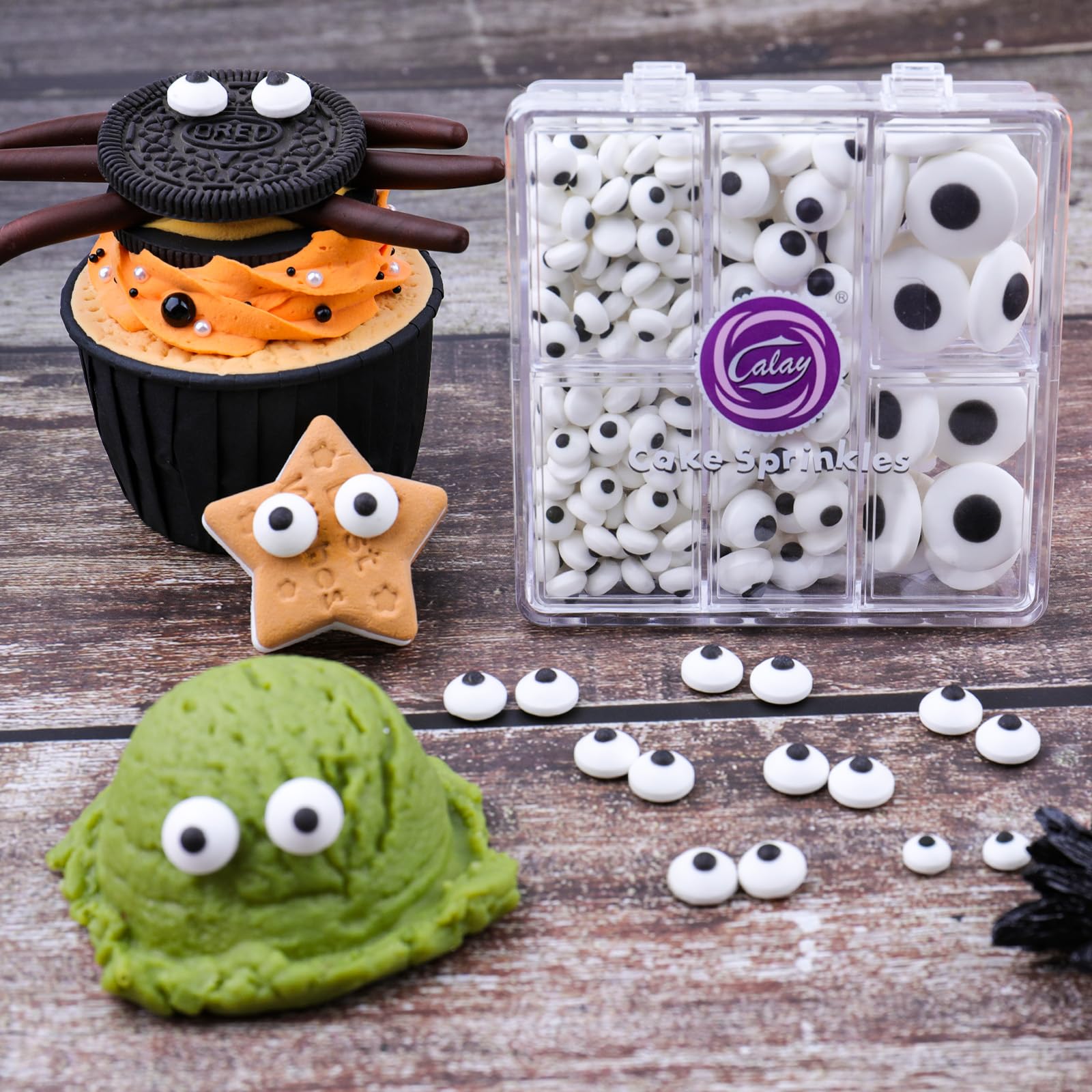 Kercky edible eyeballs sprinkles on assorted desserts for color and crunch