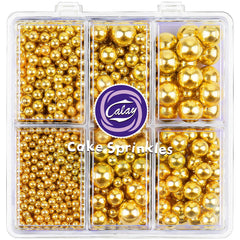 Kercky gold pearl sprinkles in four sizes for cake decorating and cookies.