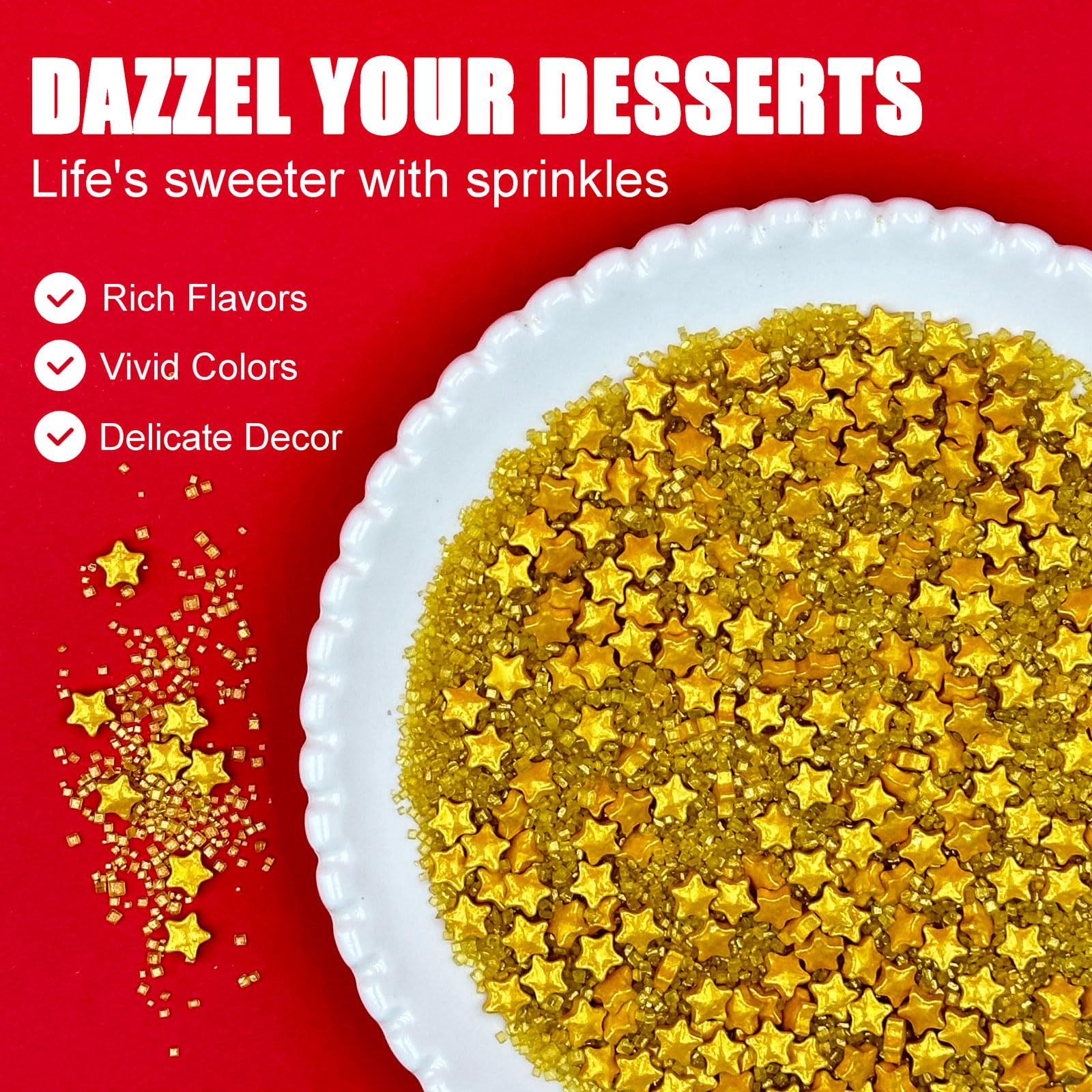 Kercky Gold Sprinkles create a stunning dessert display with gold tones.