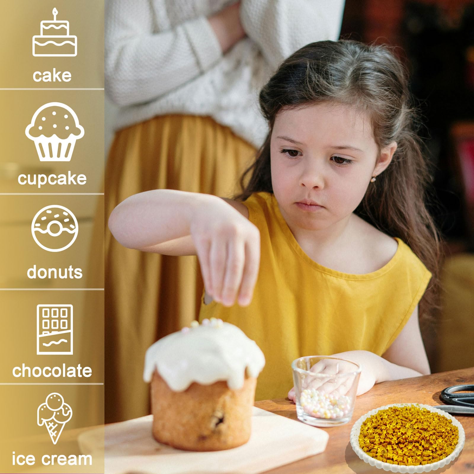 Kercky Gold Sprinkles brighten festive desserts with glamour for celebrations.