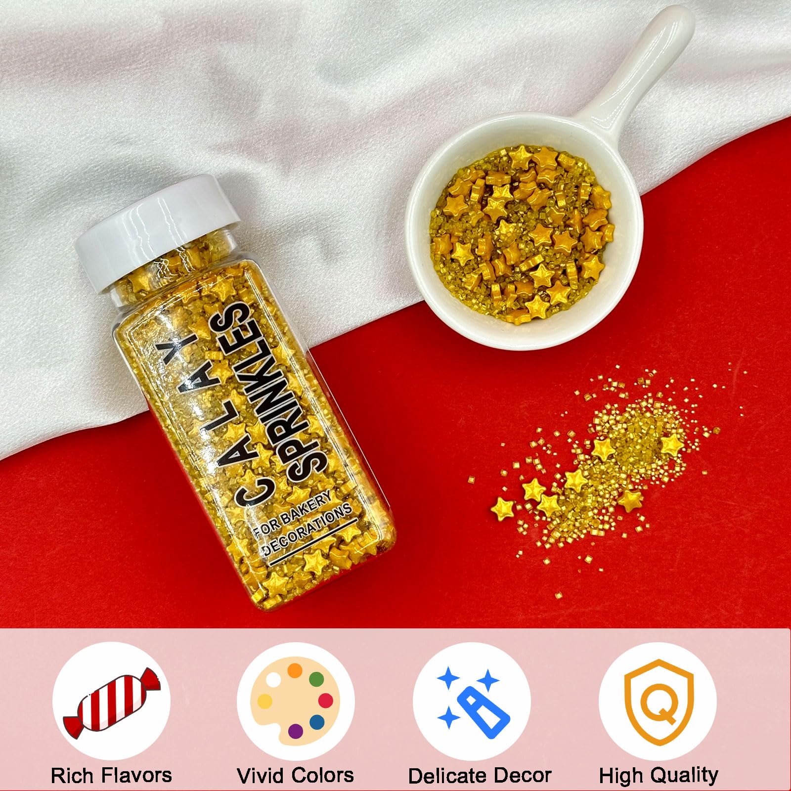 Kercky Gold Sprinkles bring festive sparkle to ice cream toppings.