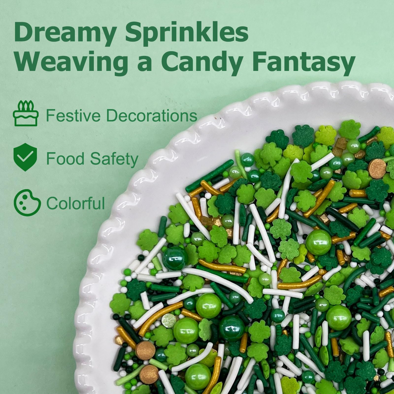 Kercky green sprinkles shamrock close-up for festive desserts
