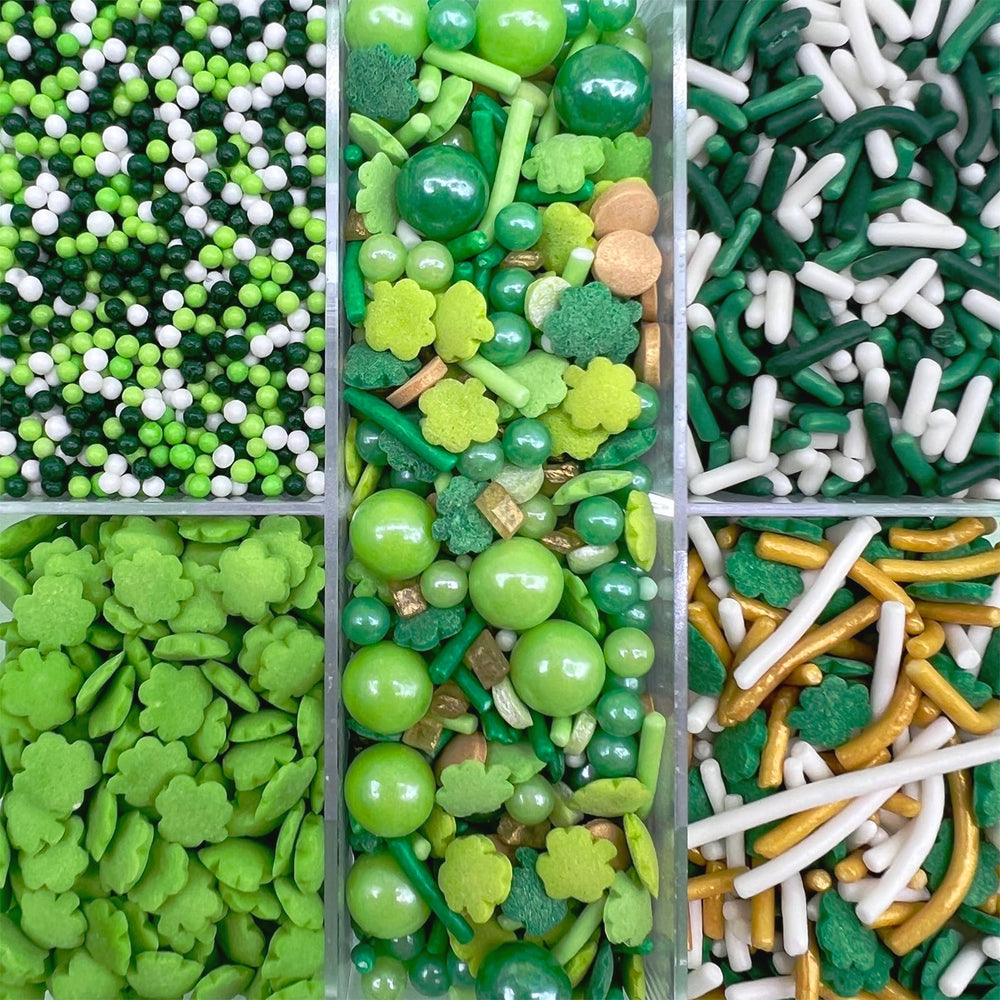 Kercky green sprinkles shapes close-up featuring shamrocks and jimmies