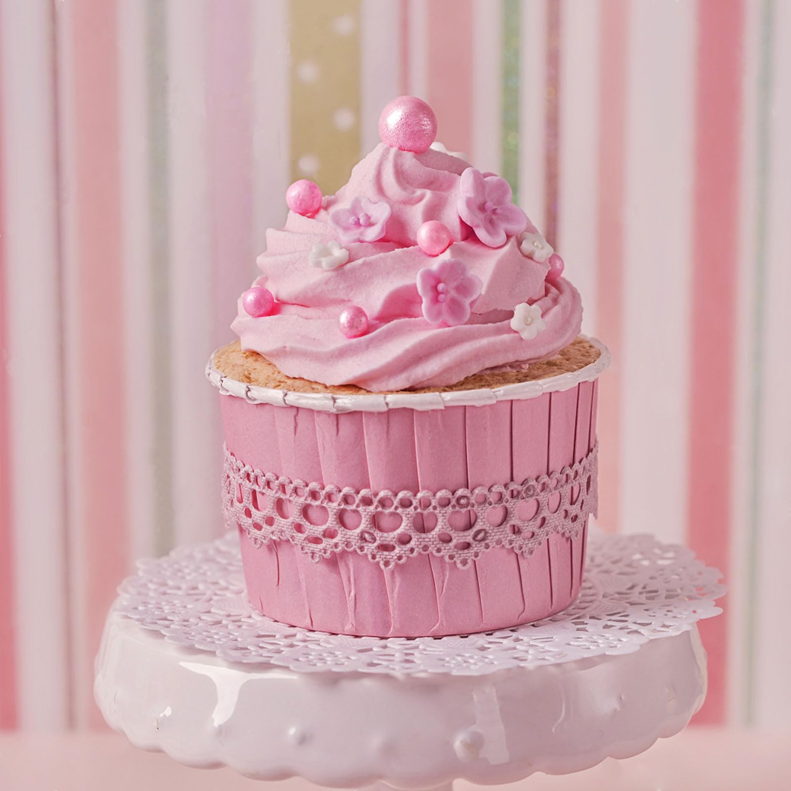 Kercky pink pearl sprinkles sprinkled on ice cream elevates dessert appeal.