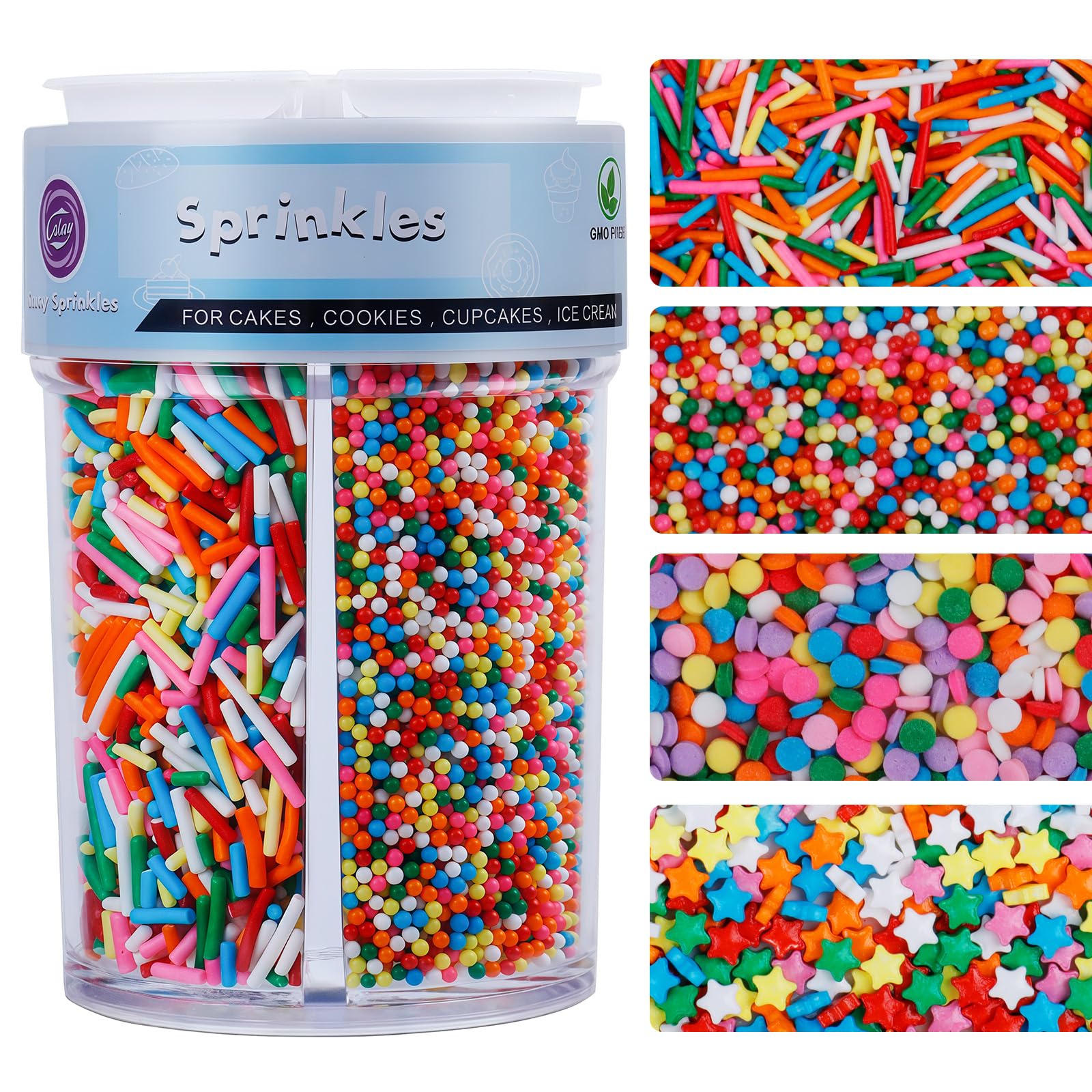Kercky Rainbow Sprinkles 4 in 1 Jar for easy, organized decorating.