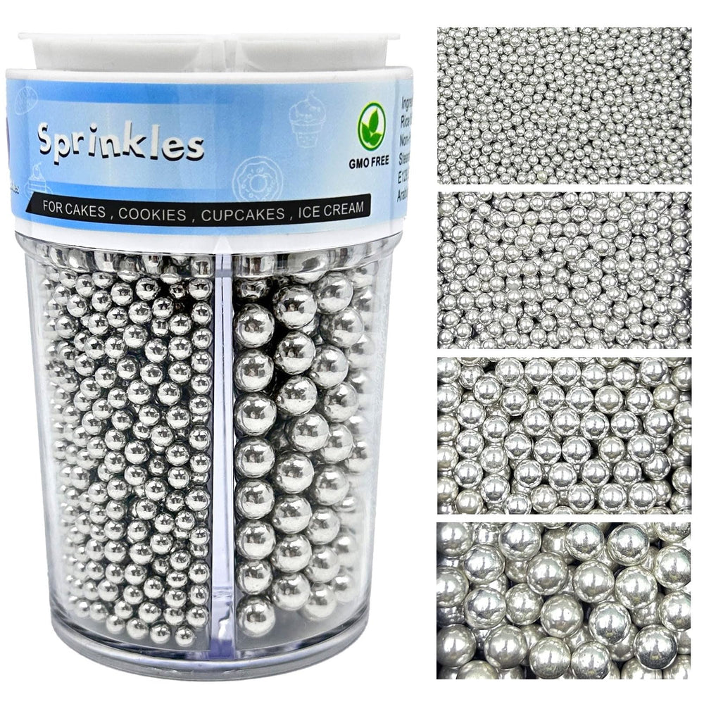 Kercky silver pearl sprinkles bottle front view for elegant cake decorating