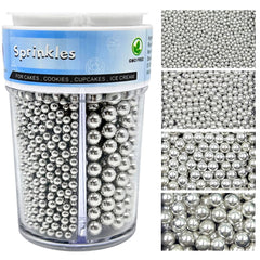 Kercky silver pearl sprinkles bottle front view for elegant cake decorating