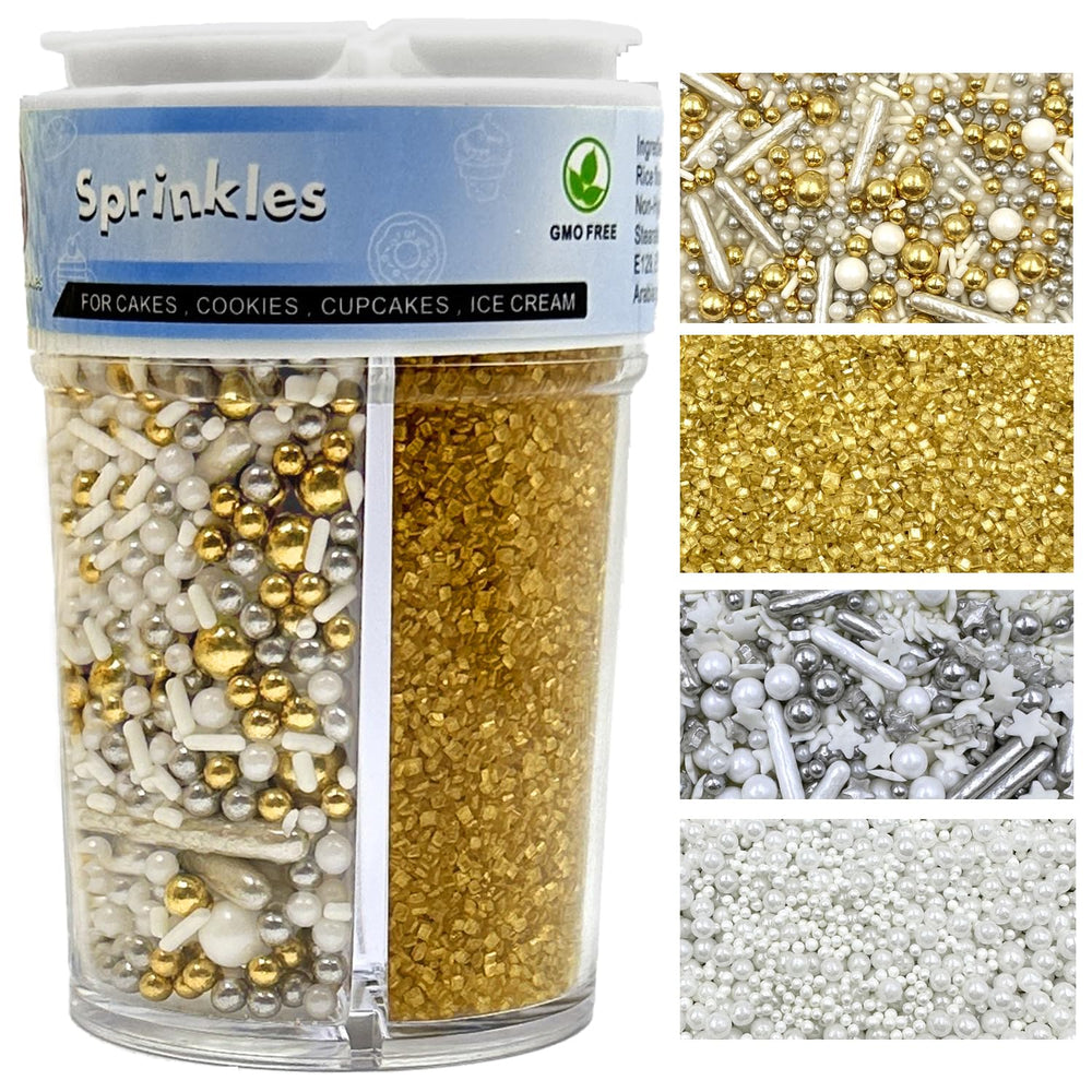 Kercky Sprinkles gold-silver-white blend adds luxe shimmer to desserts