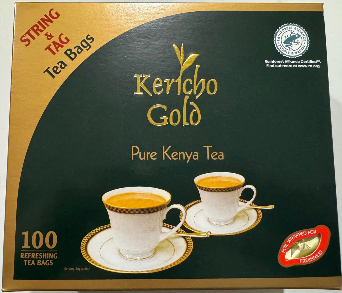 Kericho Gold Pure Kenya Tea in string foil wrap, delivering premium aroma for a comforting cup.
