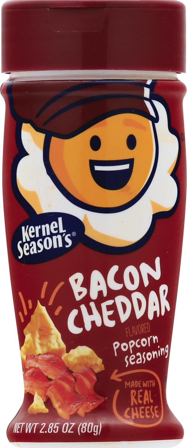 Kernel Season's Bacon Cheddar popcorn seasoning tub adds rich bacon and cheddar flavor to snacks.