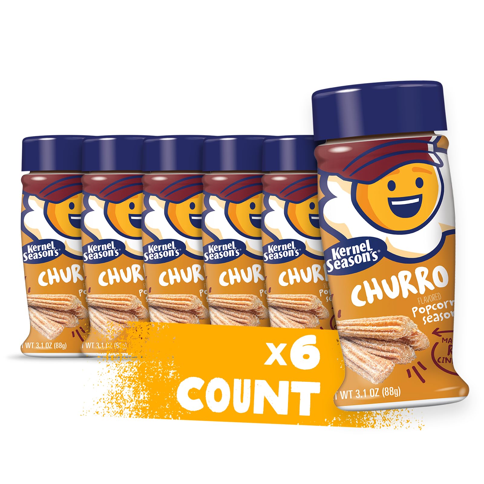 Kernel Season's churro popcorn seasoning jar showcasing real cinnamon for rich popcorn flavor