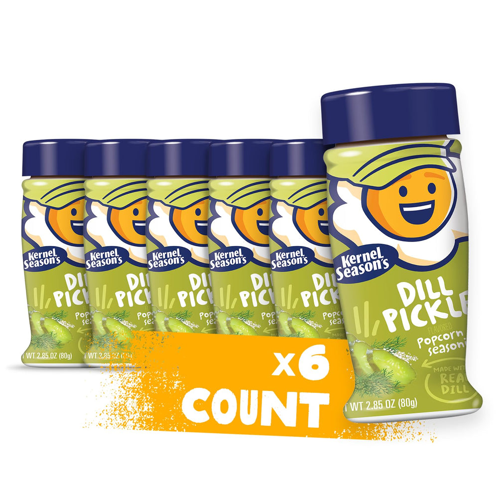 Kernel Season's Dill Pickle popcorn seasoning 6-pack ready for bold snacking.