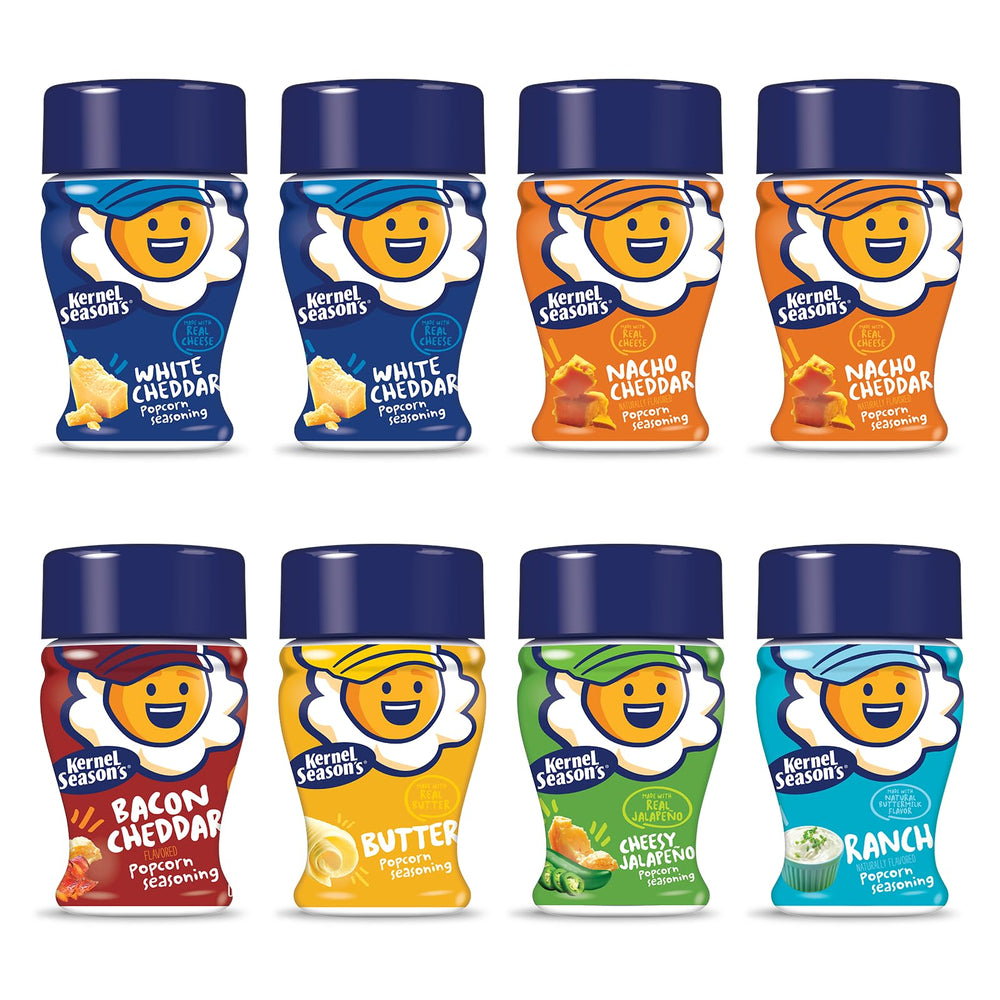 Kernel Season's mini sampler canisters shown for quick popcorn flavor variety