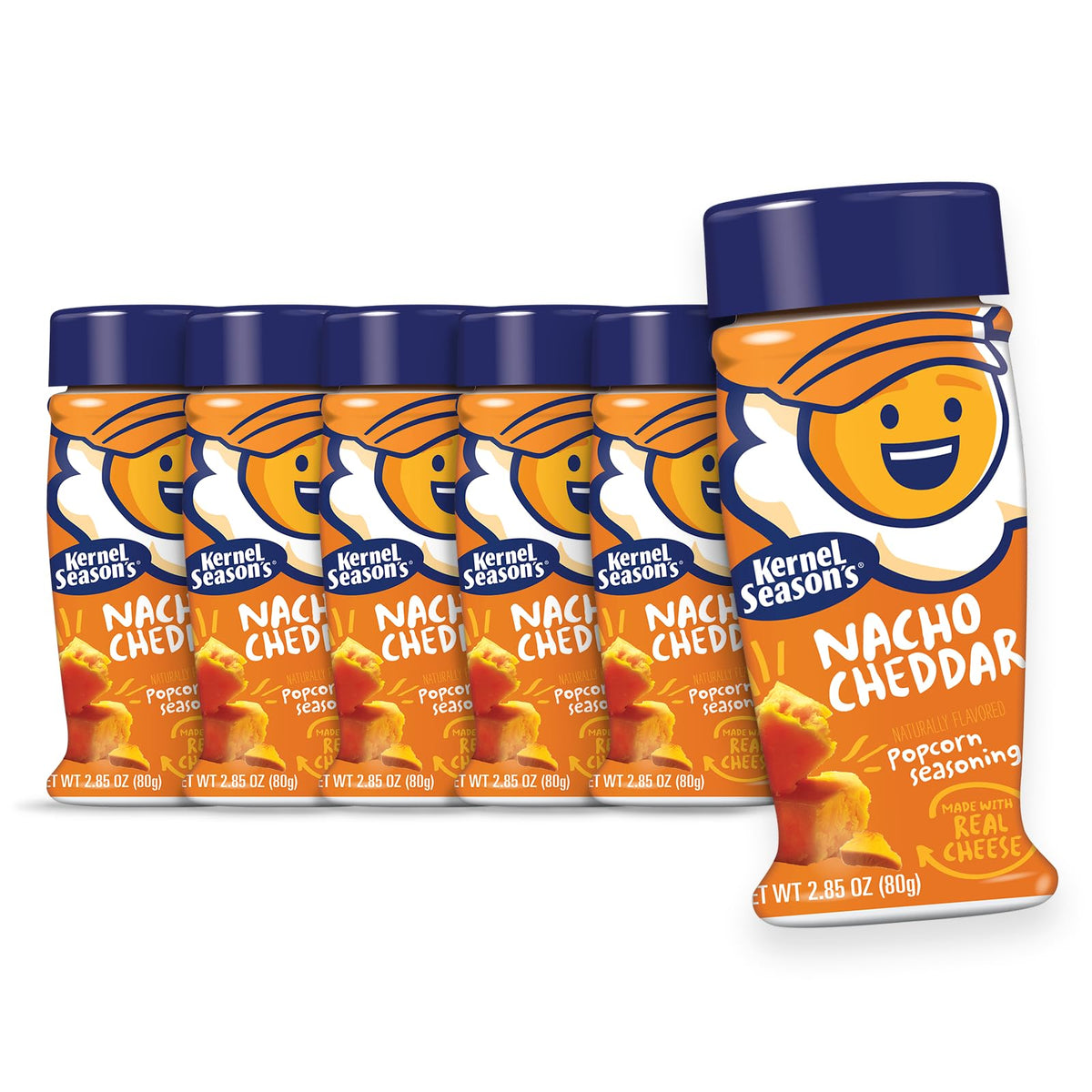 Kernel Season's Nacho Cheddar seasoning bottle for bold cheddar flavor on popcorn.