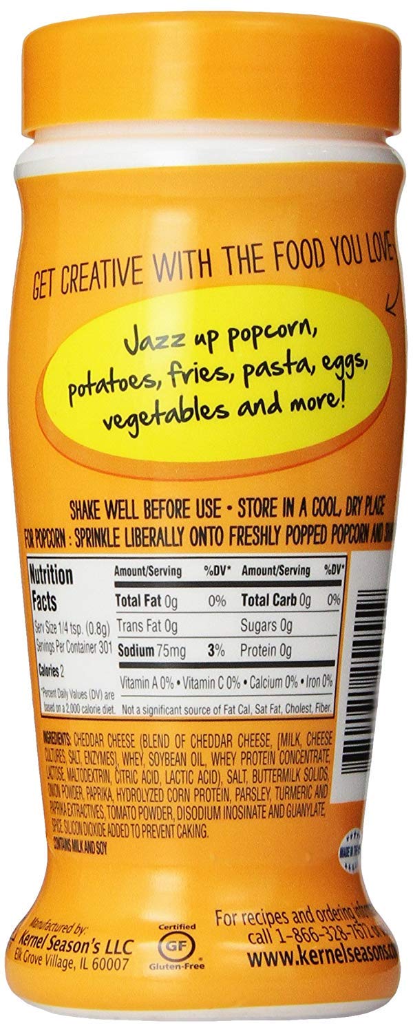 Kernel Season's Nacho Cheddar seasoning dust coats fresh popcorn.