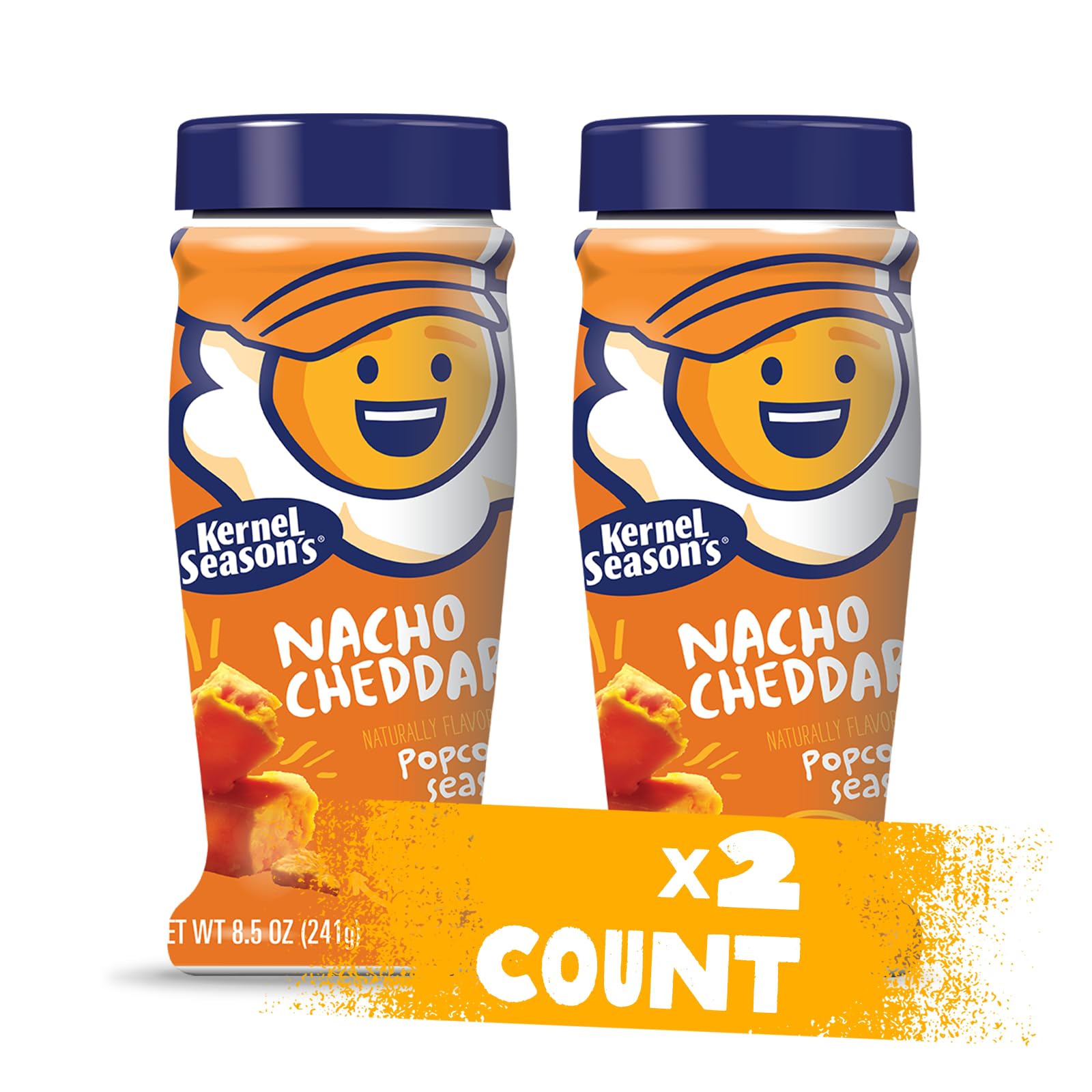 Kernel Season's Nacho Cheddar seasoning shaker adds cheddar flavor to popcorn.