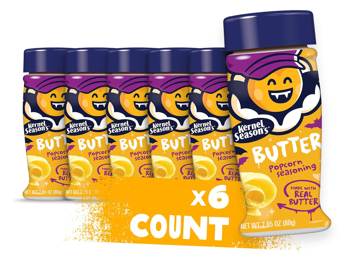 Kernel Season's Butter popcorn seasoning jar close-up showing creamy real butter flavor