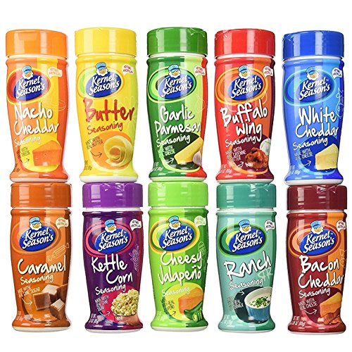 Kernel Season's popcorn seasoning sampler with 10 flavors in 2.7oz jars for home snack customization