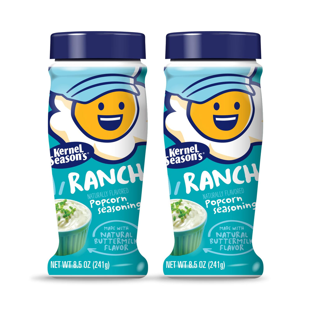 Kernel Season's Ranch popcorn seasoning bottle adds creamy ranch flavor to popcorn.