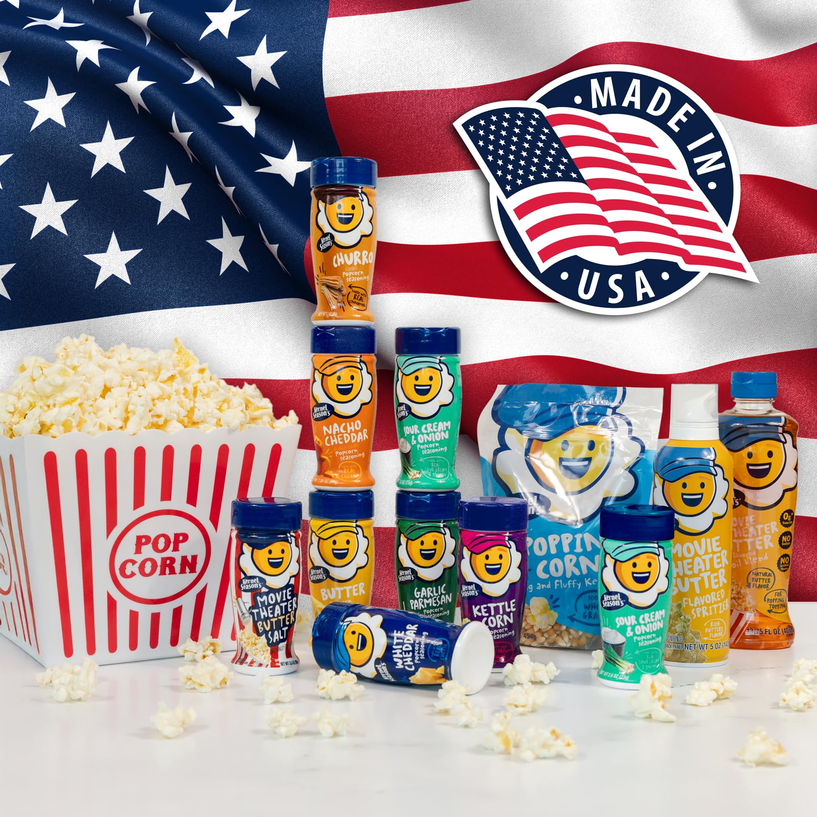 Kernel Season's six-pack packaging shows convenient, shareable cheese-seasoned snack options.