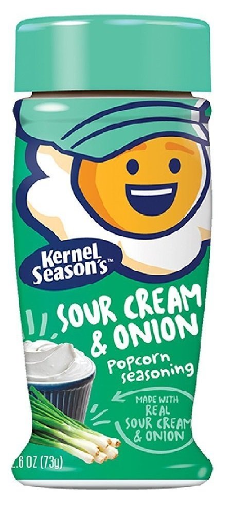 Kernel Season's Sour Cream & Onion popcorn seasoning bottle pour for a savory snack boost
