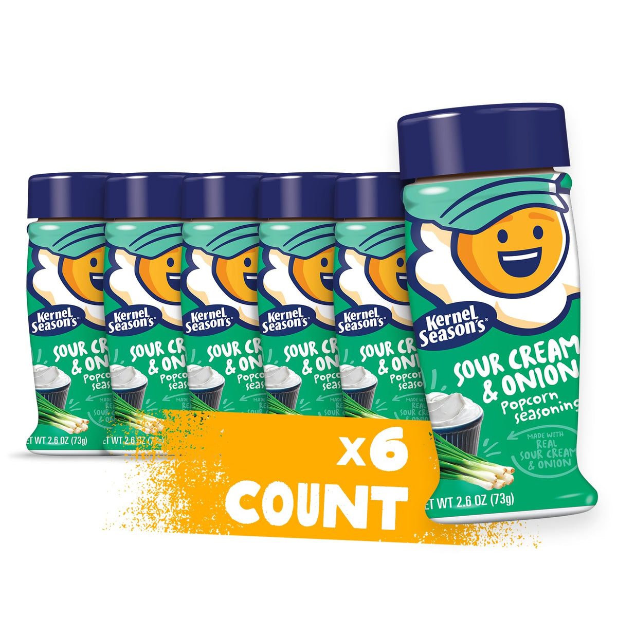 Kernel Season's Sour Cream & Onion popcorn seasoning jar close-up for flavorful popcorn.