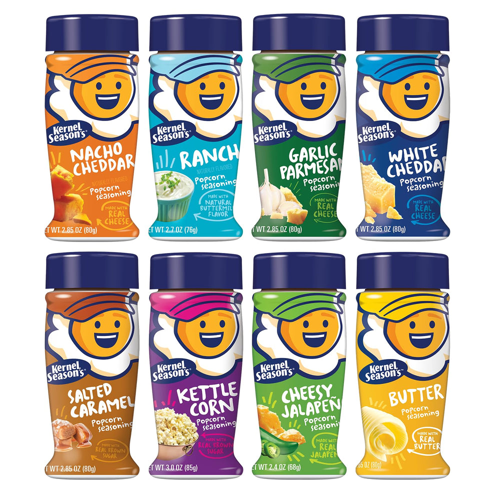 Kernel Season's variety-pack shakers on shelf for easy flavor variety during movie night.