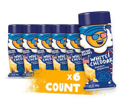 Kernel Season's White Cheddar seasoning jar close-up adds bold real-cheese flavor to popcorn.