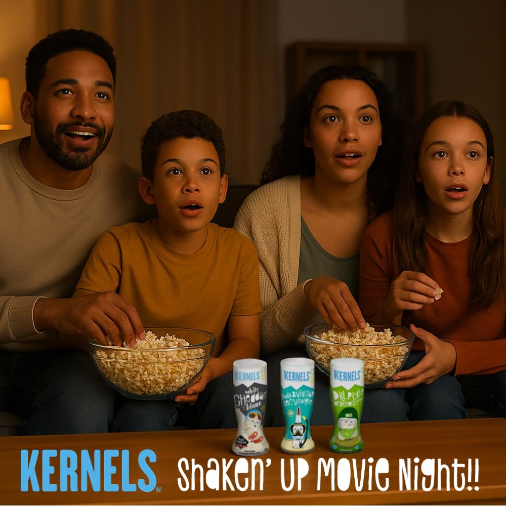 Kernels Dill Pickle Popcorn Seasoning being sprinkled over popcorn.