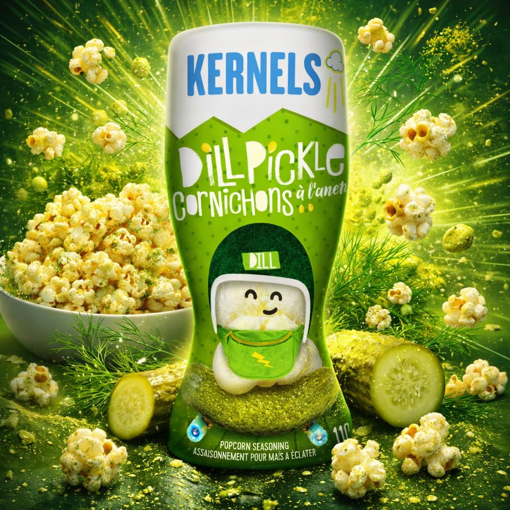 Kernels Dill Pickle Popcorn Seasoning in a cozy kitchen scene.